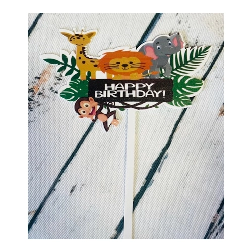 Topper ozdoby na tort napis Happy Birthday zwierzęta lew żyrafa słoń dekoracje urodzinowe safari zoo